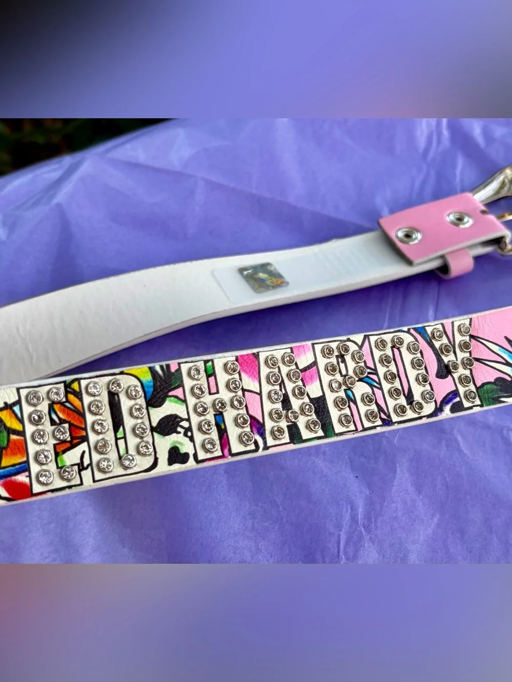 NWT ED HARDY Women's Small/Medium Pink Floral Logo Belt with Rhinestones
